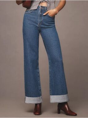 Pilcro The Austyn High-Rise Cuffed Wide-Leg Jeans‎ Medium Blue Size 26 Petite